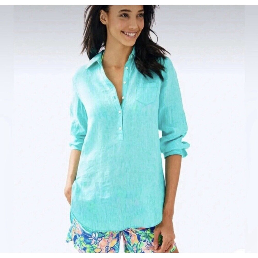Lily Pulitzer Deanna Linen Popover Resort Collared Green Button Up Size 4